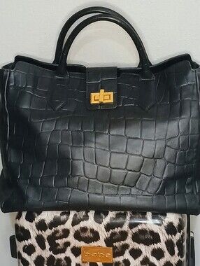A. Bellucci Genuine Italian Leather Black Croc Embossed Tote Shoulder Bag EUC
